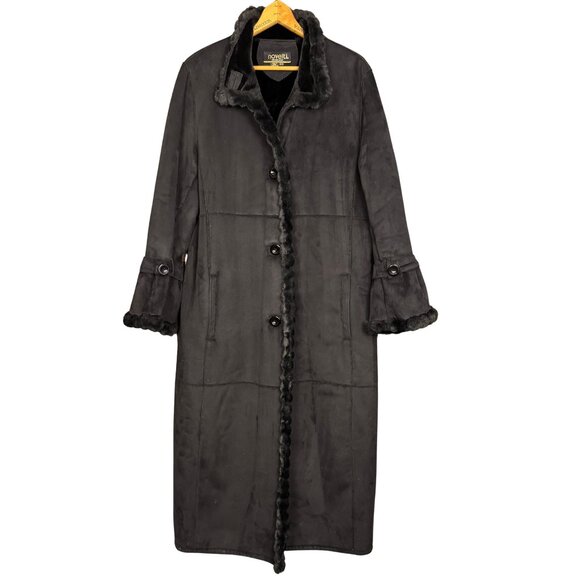 Vintage Black Faux Shearling Coat, Bell Sleeve, Boho Grunge Long Peacoat - Picture 1 of 14